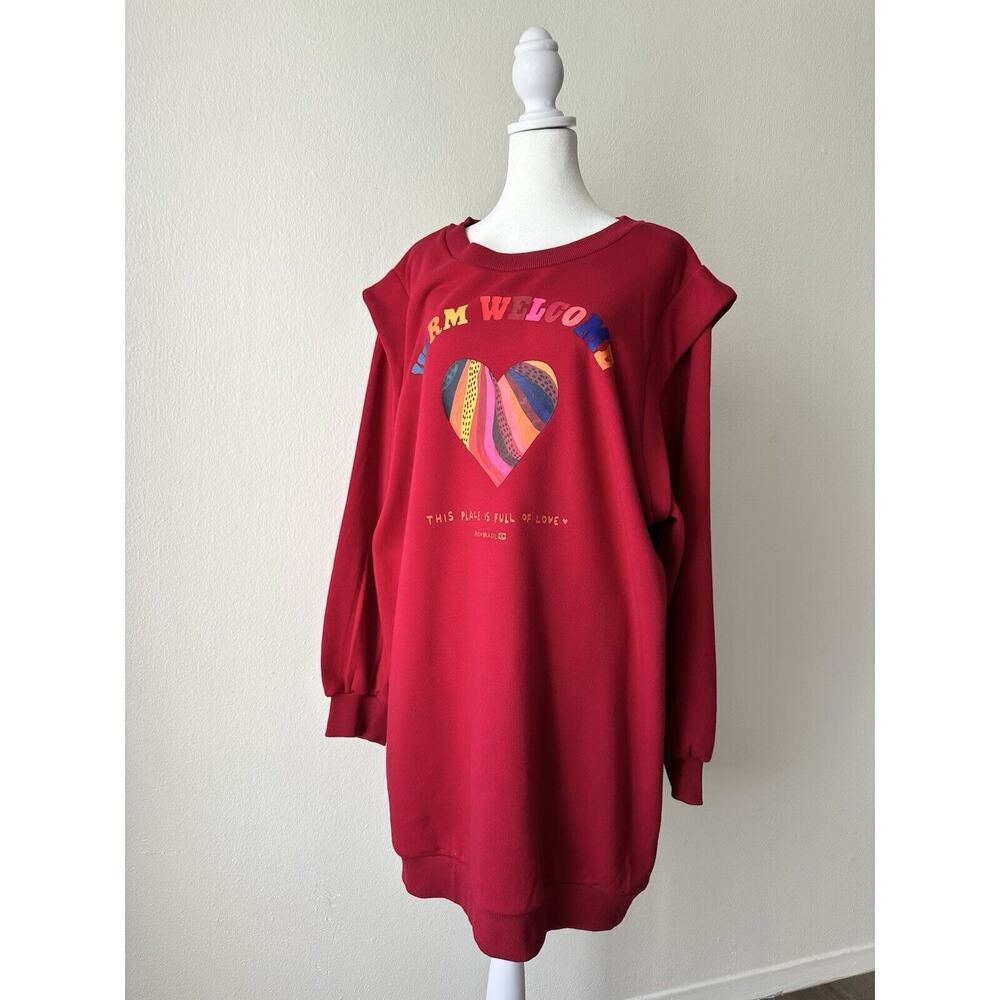 FARM Rio NWT Warm Welcome Sweatdress Sweatshirt Dress Red Rainbow Heart‎ Size L